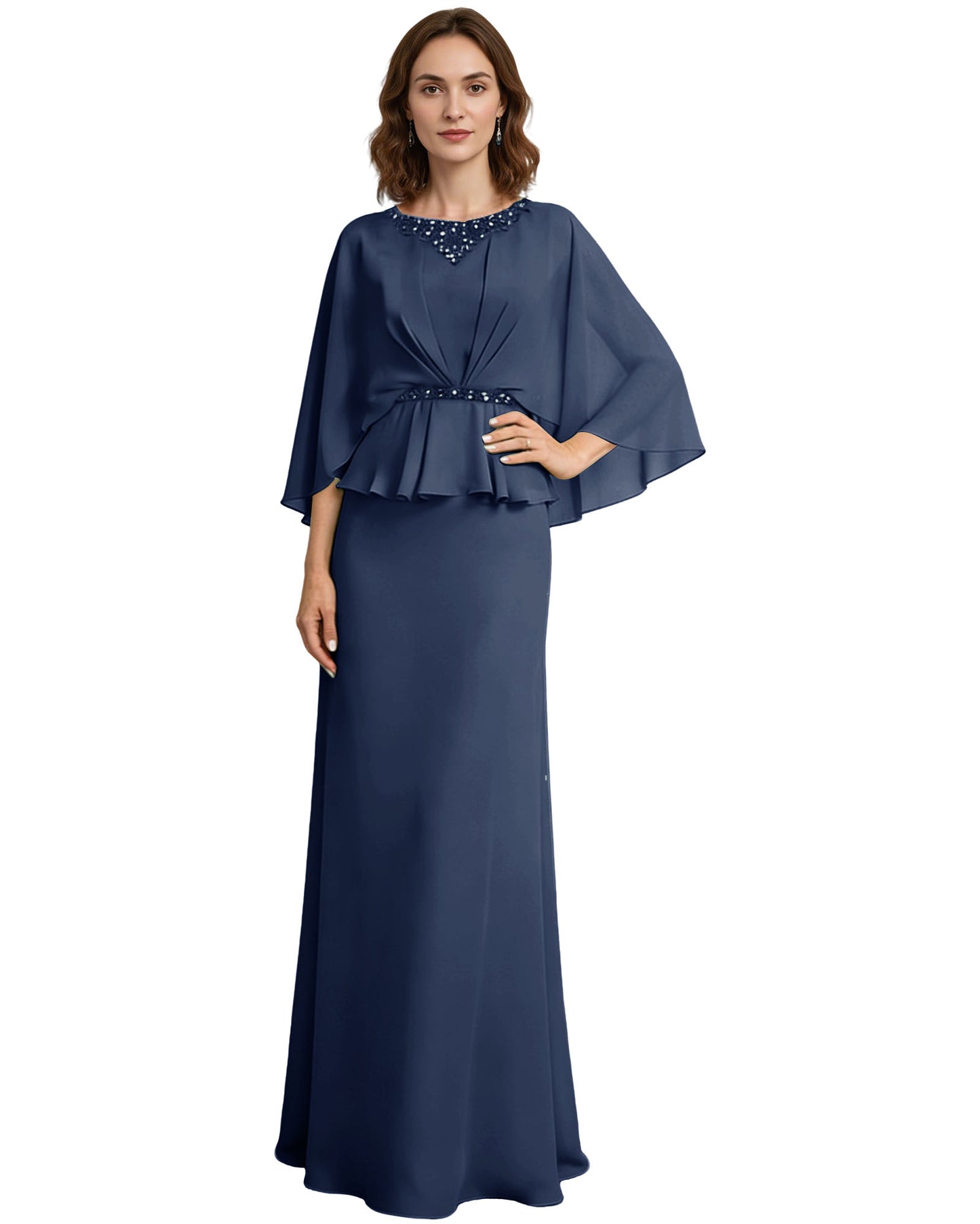 Capelet Mother of the Bride Dress Long Beaded Neck Peplum Chiffon Formal Gown