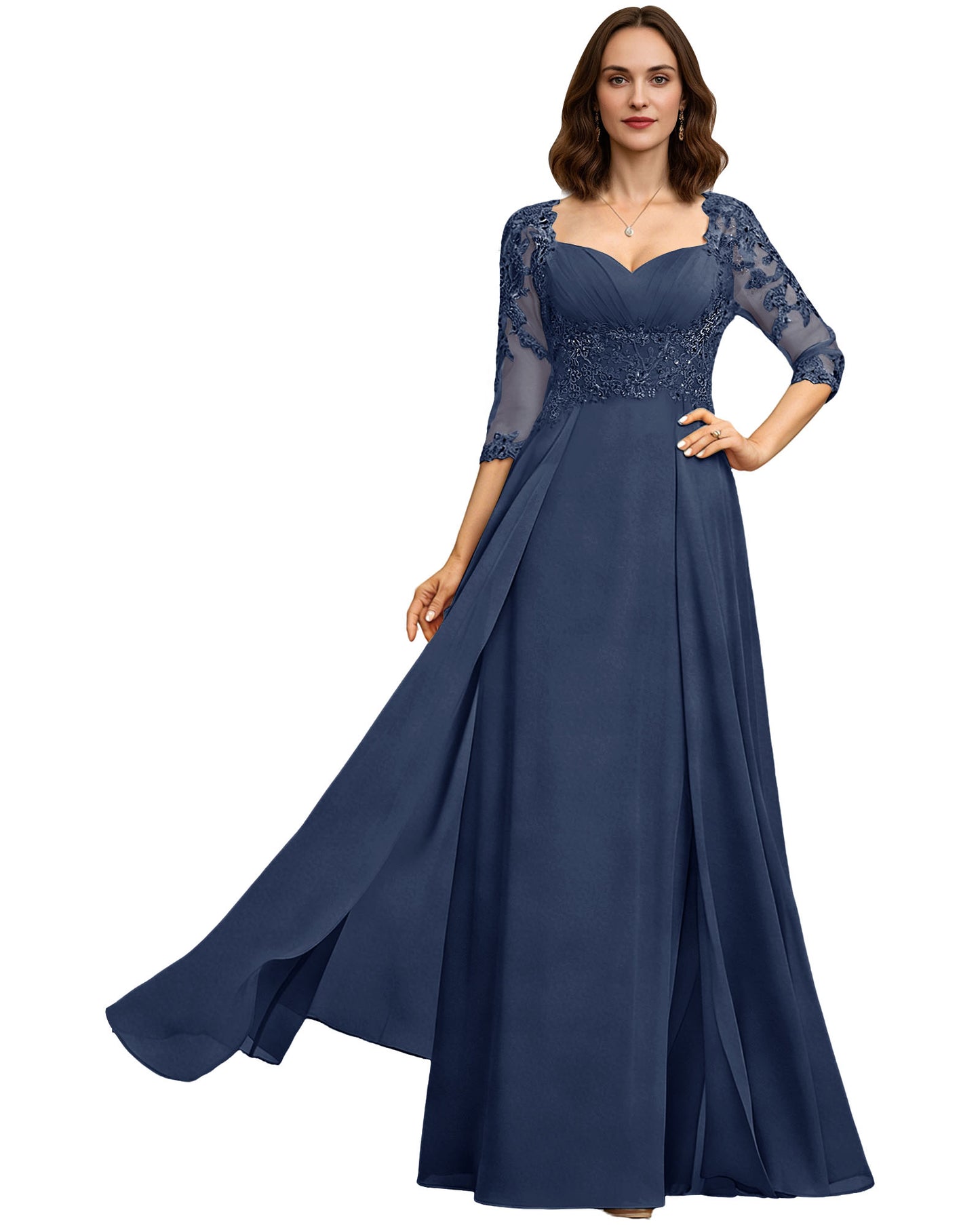Long Sweetheart Mother of the Bride Dress Lace 3/4 Sleeve Chiffon A-Line Gown