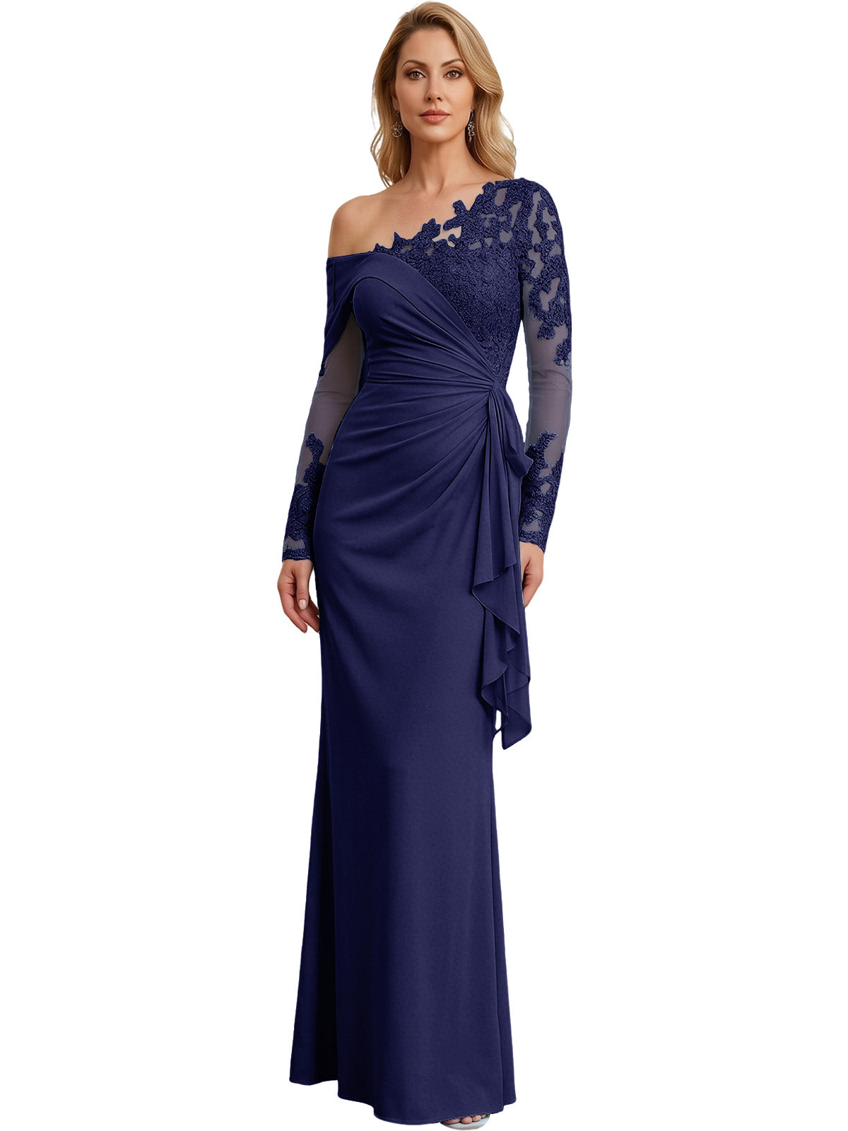 One Shoulder Mother of the Bride Gown Long Lace Sleeve Mermaid Dress with Draped Ruffle