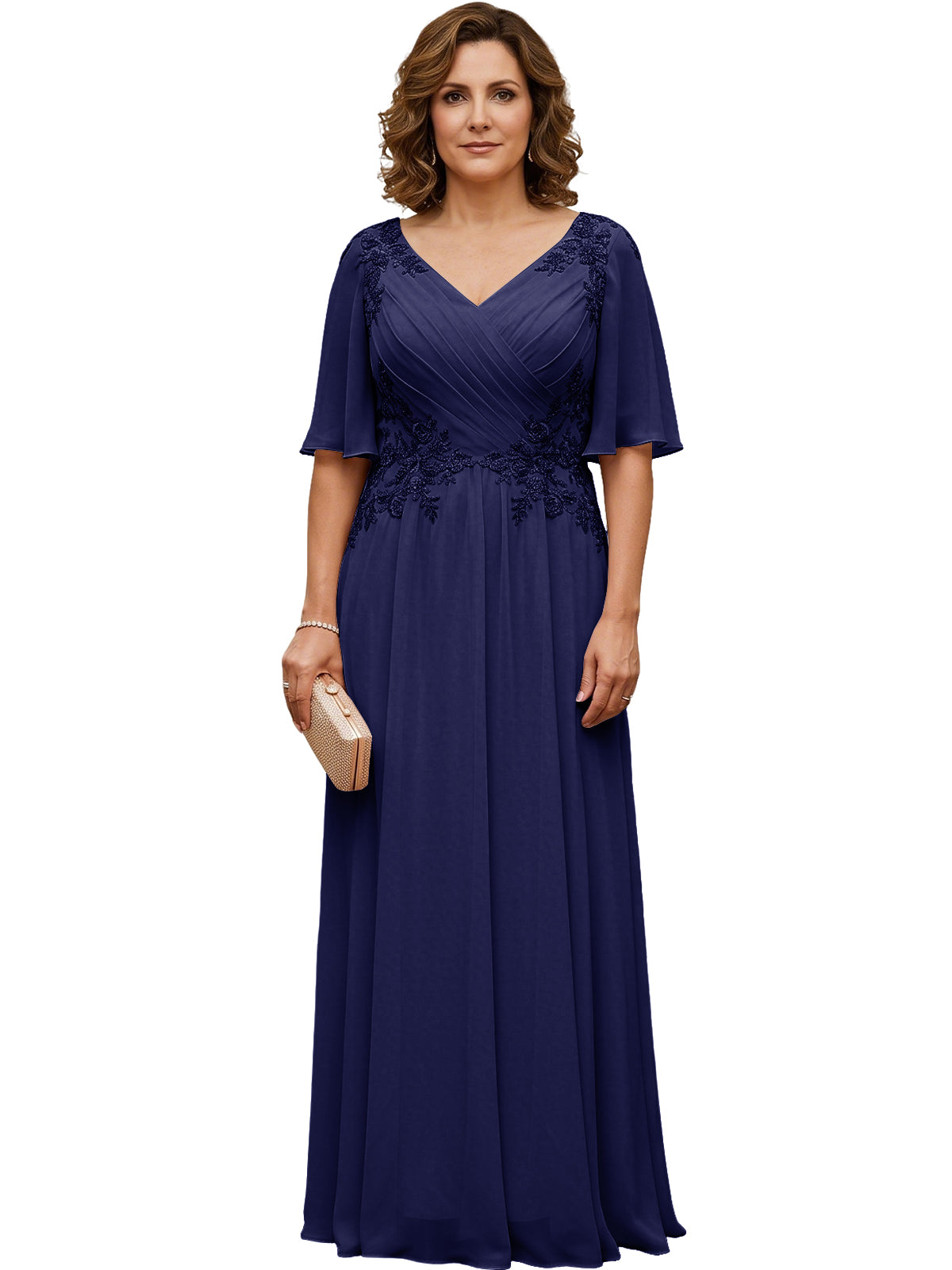 Mother of the Bride Dress Long Chiffon A-Line Gown with Flutter Sleeves and Beaded Lace
