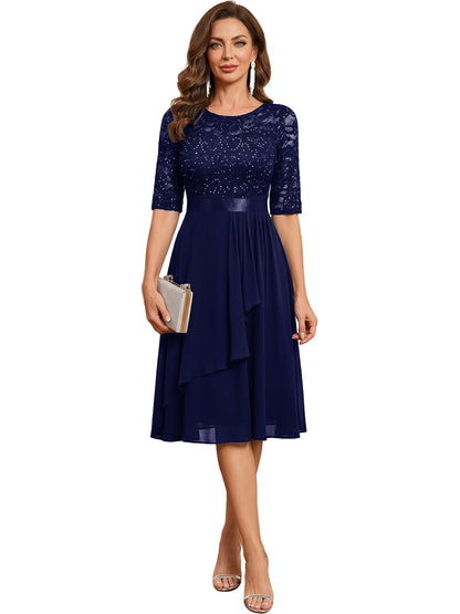 Navy Blue Knee Length Mother of the Bride Dress Sequined Lace Bodice Chiffon Skirt Formal Guest Outfit color option