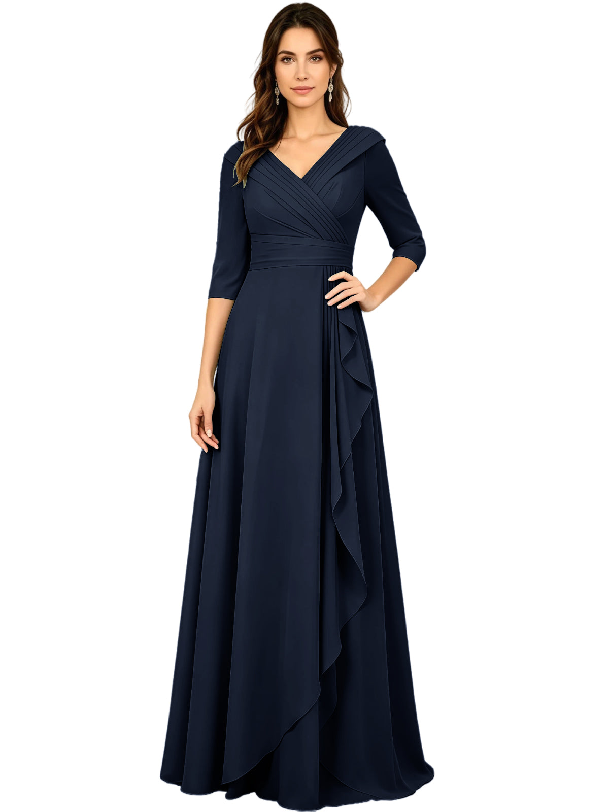 Long V-Neck Mother of the Bride Dress Chiffon Half Sleeve A-Line Gown with Side Ruffle