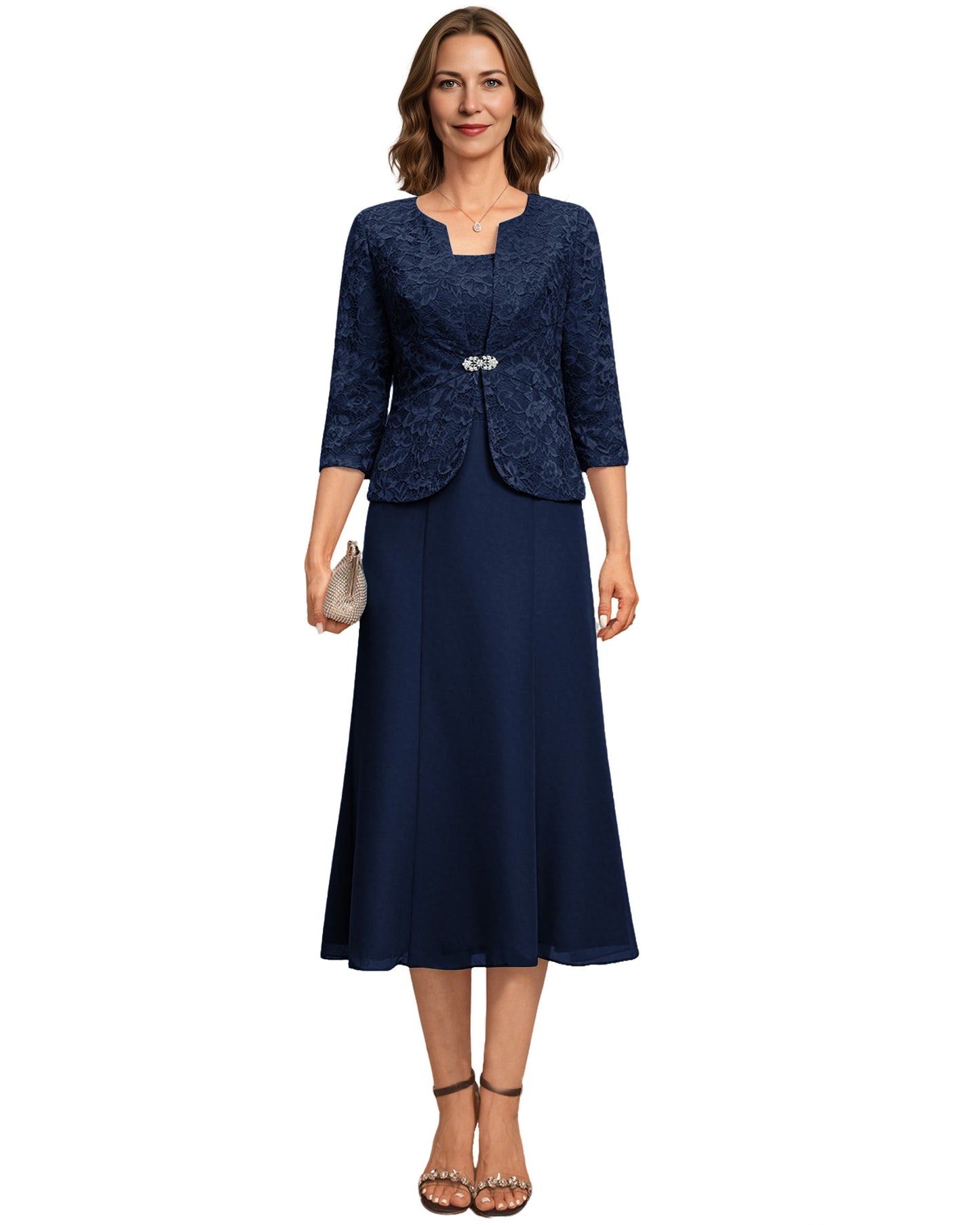 Tea Length Mother of the Bride Dress Lace Jacket Chiffon A-Line Wedding Guest Outfit