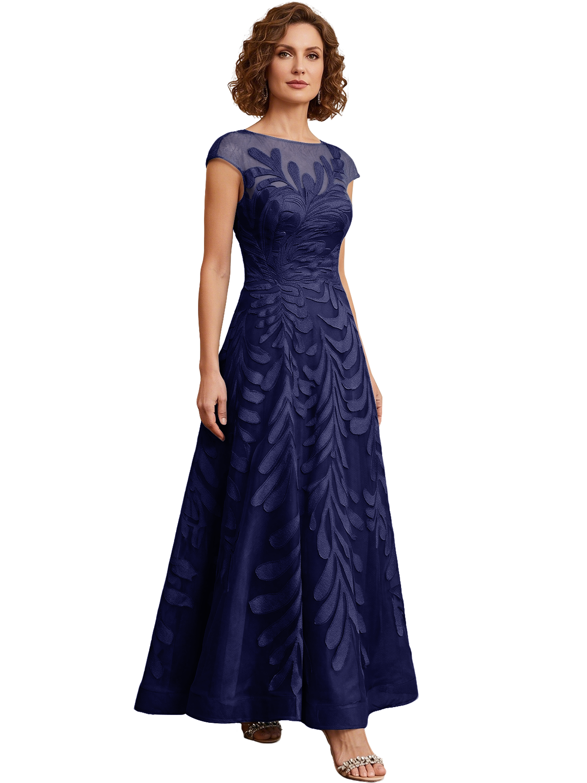Embroidered Tulle Mother of the Bride Dress Long A-Line Gown with Illusion Cap Sleeves