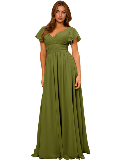 V-Neck Flutter Sleeve Chiffon Bridesmaid Dress with Empire Waist