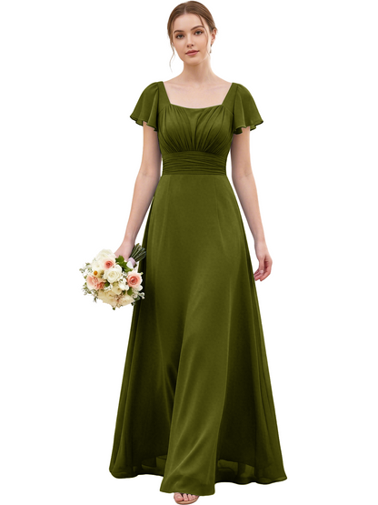 Square Neck Chiffon Bridesmaid Dress with Flutter Sleeves and Lace-Up Back