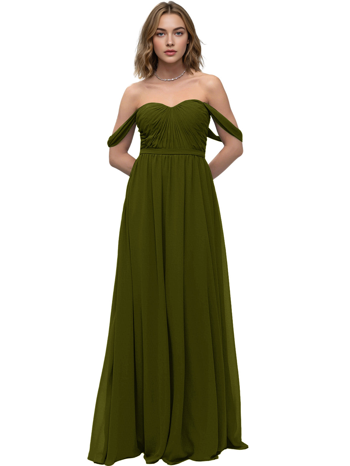 Off Shoulder Sweetheart Chiffon Bridesmaid Dress with Ruched Bodice