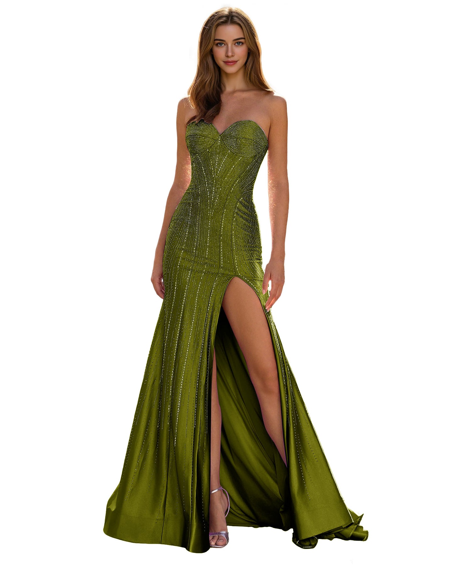 Strapless Sequin Column Prom Dress with Side Slit and Sweep Train