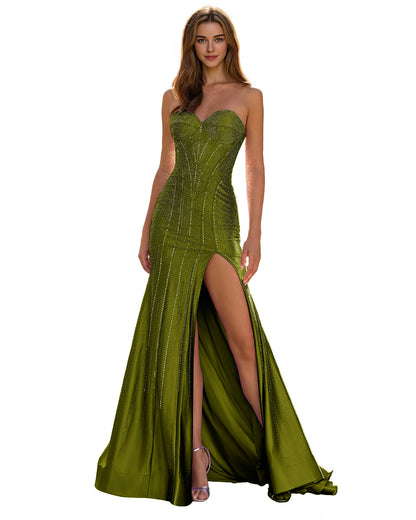 Strapless Sequin Column Prom Dress with Side Slit and Sweep Train