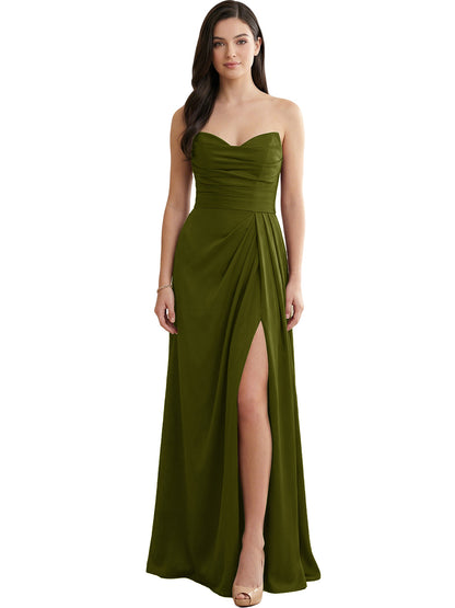 Strapless Pleated Satin Bridesmaid Dress with Side Slit