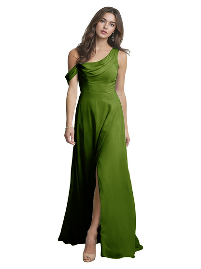 One Shoulder Satin Bridesmaid Dress with Draped Neckline and Slit