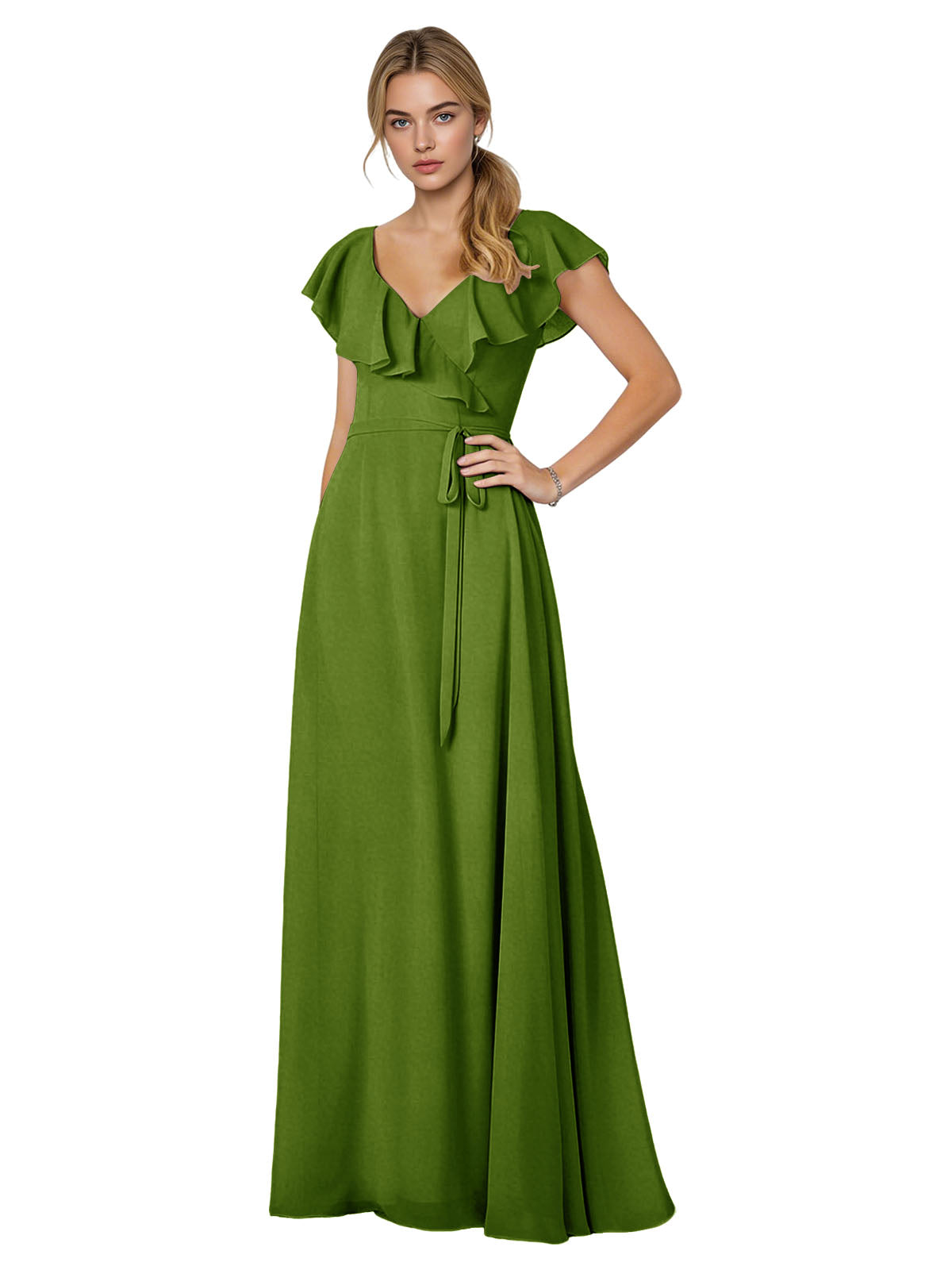 Tie Neck Chiffon Bridesmaid Dress with Flutter Sleeves