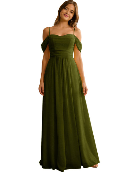 Off Shoulder Chiffon Bridesmaid Dress with Soft Pleated Bodice