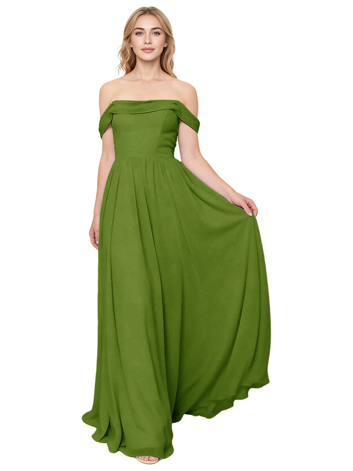 Off Shoulder Pleated Chiffon Bridesmaid Dress with Flowing A-Line Dress