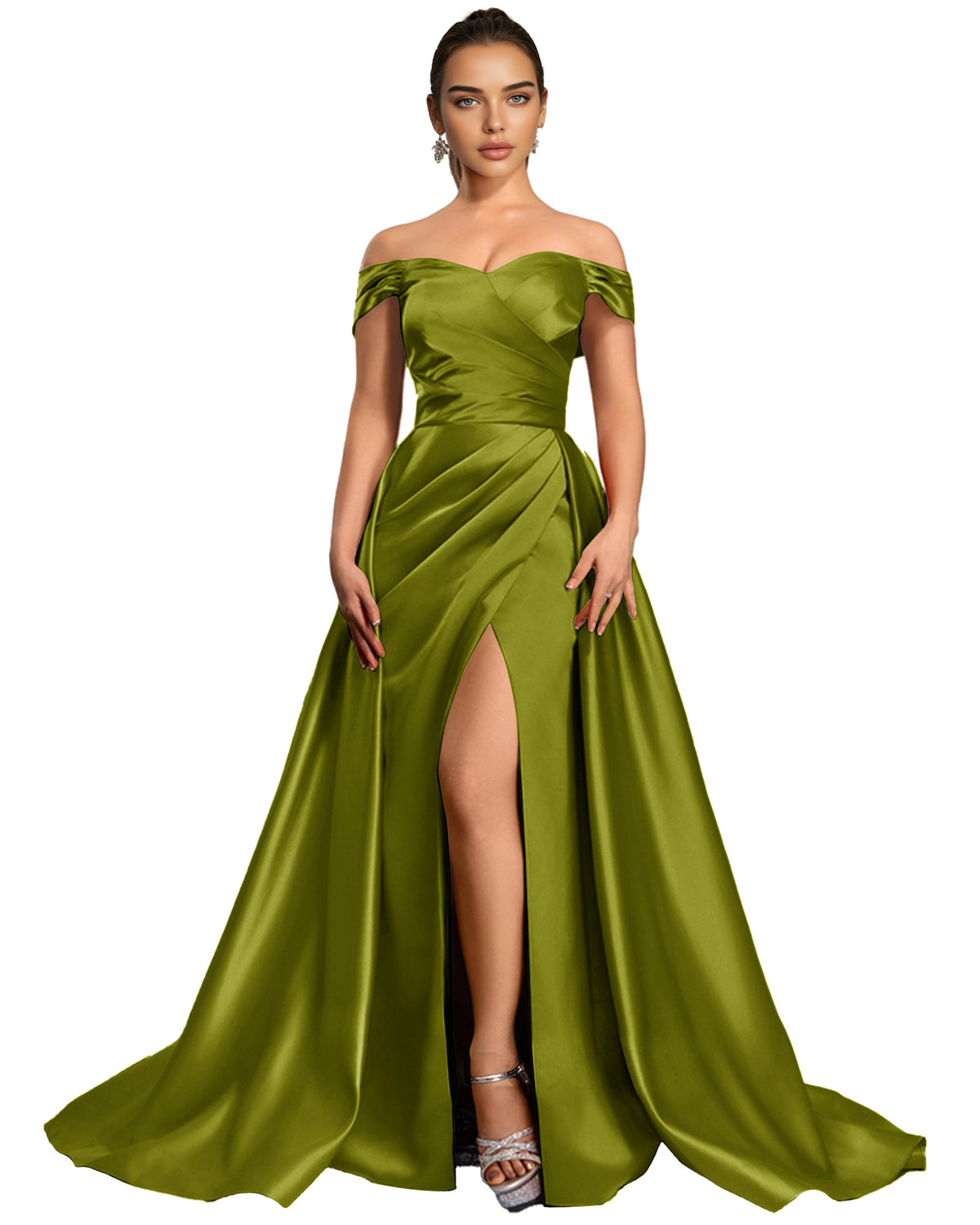 Off Shoulder Satin Ball Gown Prom Dress with Draped Bodice and Slit