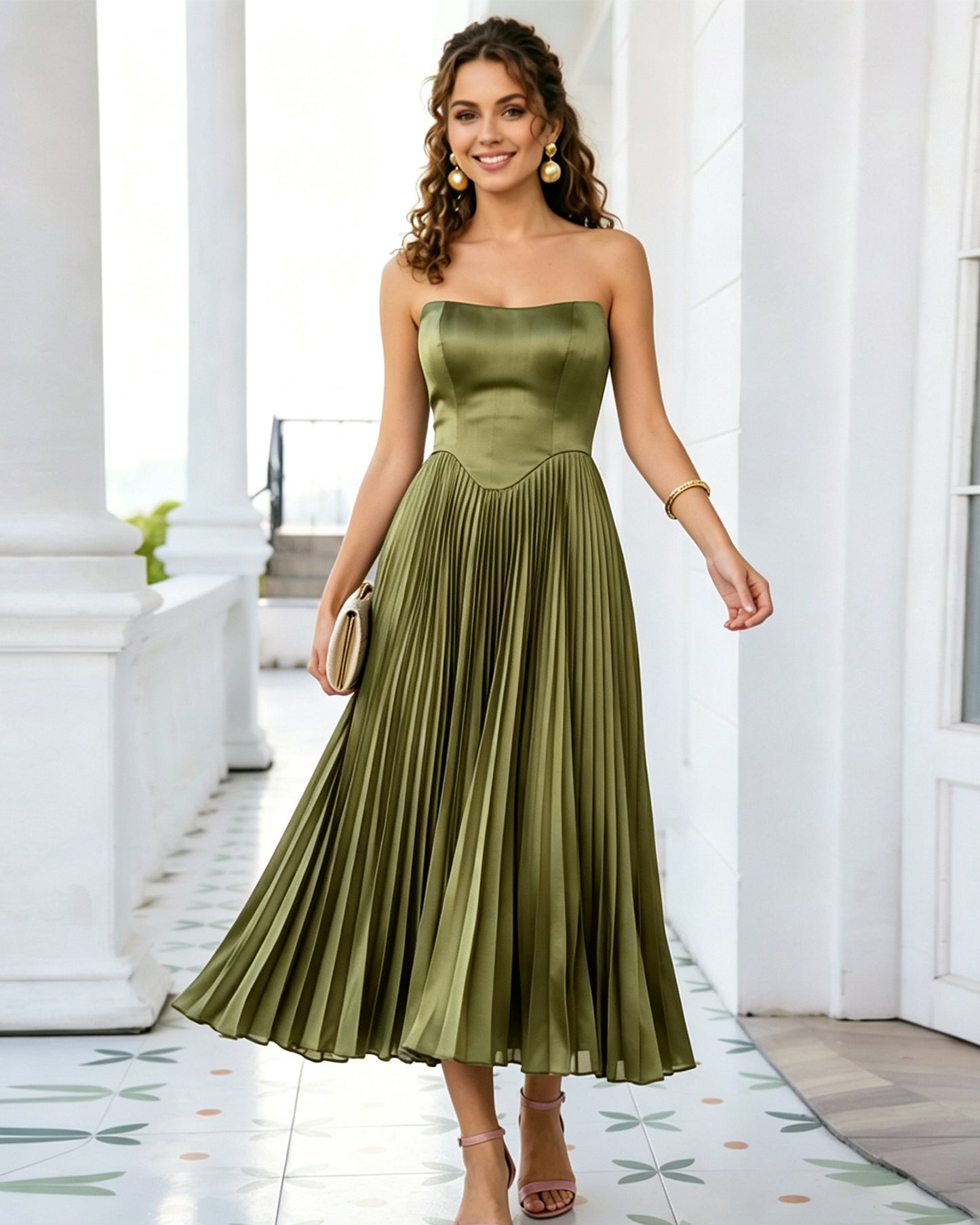 Strapless Corset Tea Length Formal Dress with Pleated dress