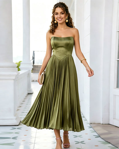 Strapless Corset Tea Length Formal Dress with Pleated dress