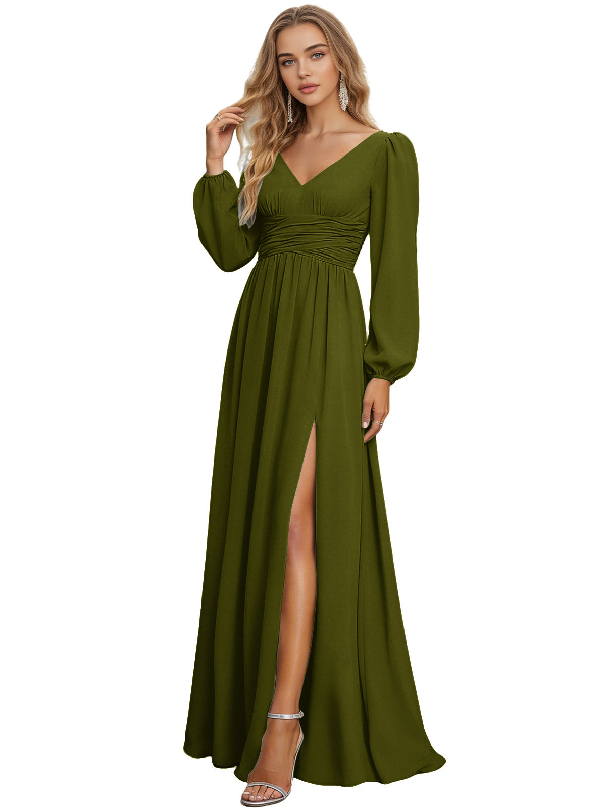Long Sleeve V-Neck Chiffon Bridesmaid Dress with Front Slit