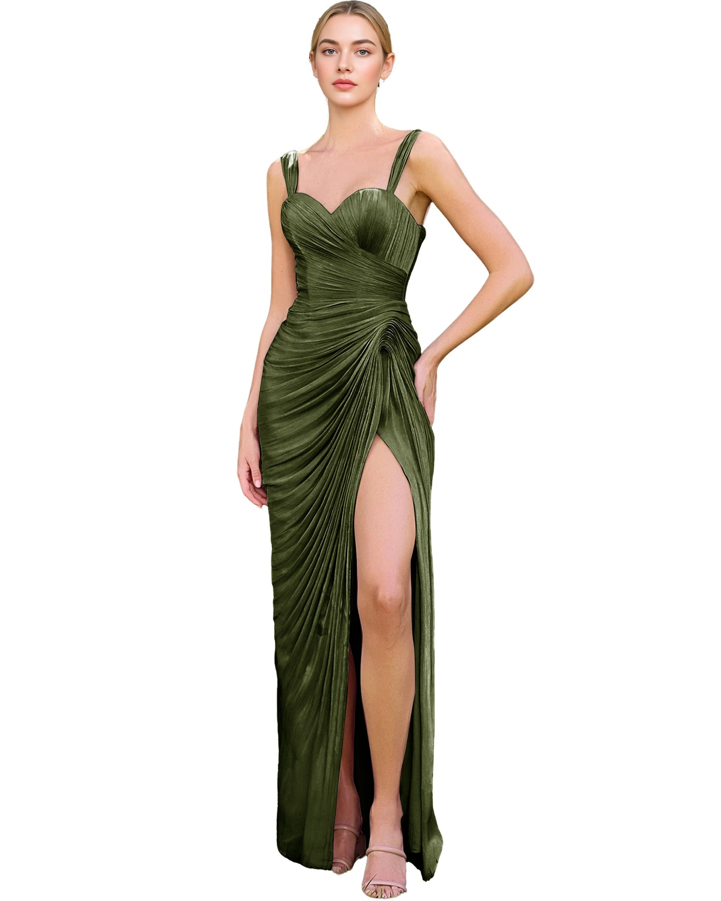 Spaghetti Strap Ruched Satin Sheath Prom Dress with Lace-Up Back and Slit