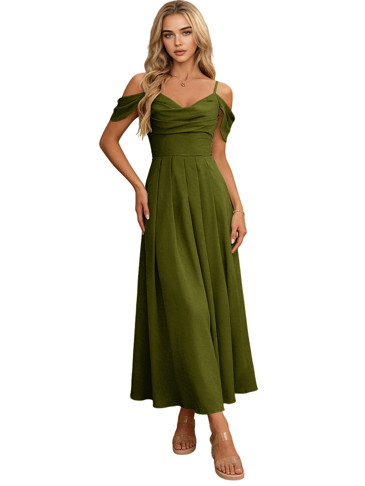 Off Shoulder Midi Bridesmaid Dress with Pleated Bodice and Flowing dress