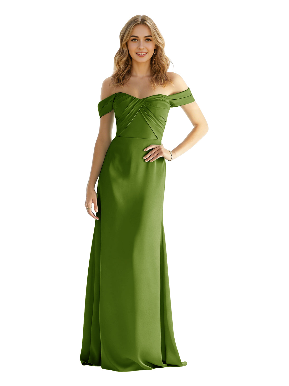 Sweetheart Off Shoulder Satin Bridesmaid Dress with Wrapped Bodice