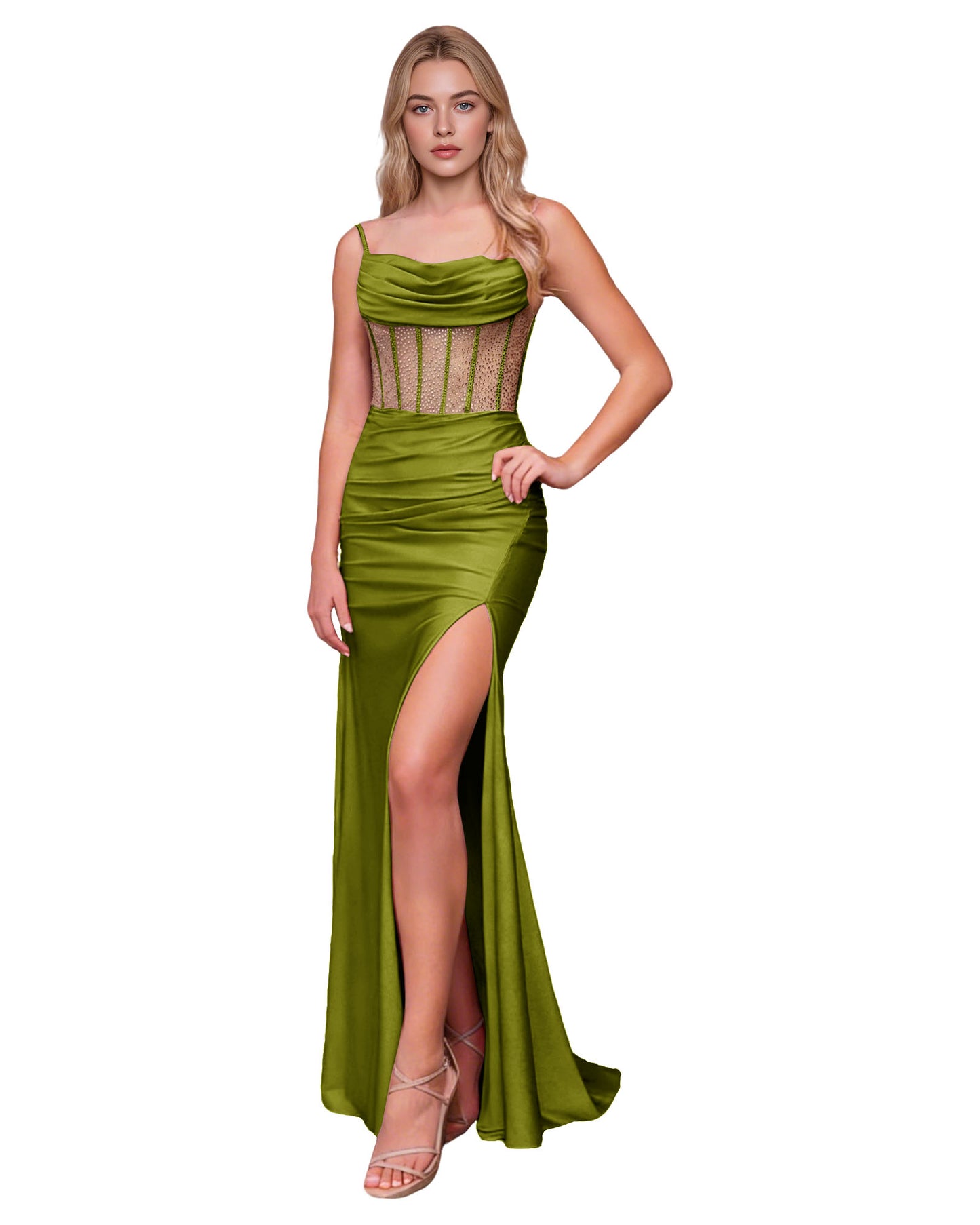 Cowl Neck Satin Mermaid Prom Dress with Spaghetti Straps and Slit