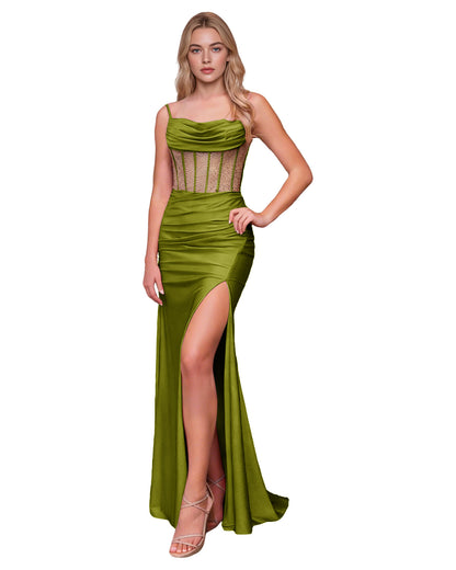 Cowl Neck Satin Mermaid Prom Dress with Spaghetti Straps and Slit
