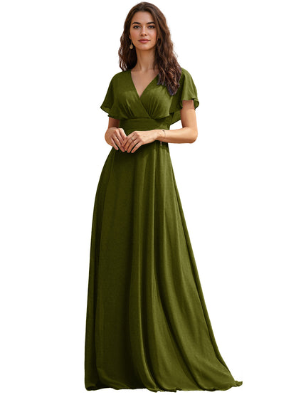 Flutter Sleeve V-Neck Chiffon Bridesmaid Dress with Flowing dress
