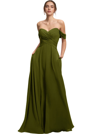Off Shoulder Chiffon Bridesmaid Dress with Draped Bodice and A-Line Dress