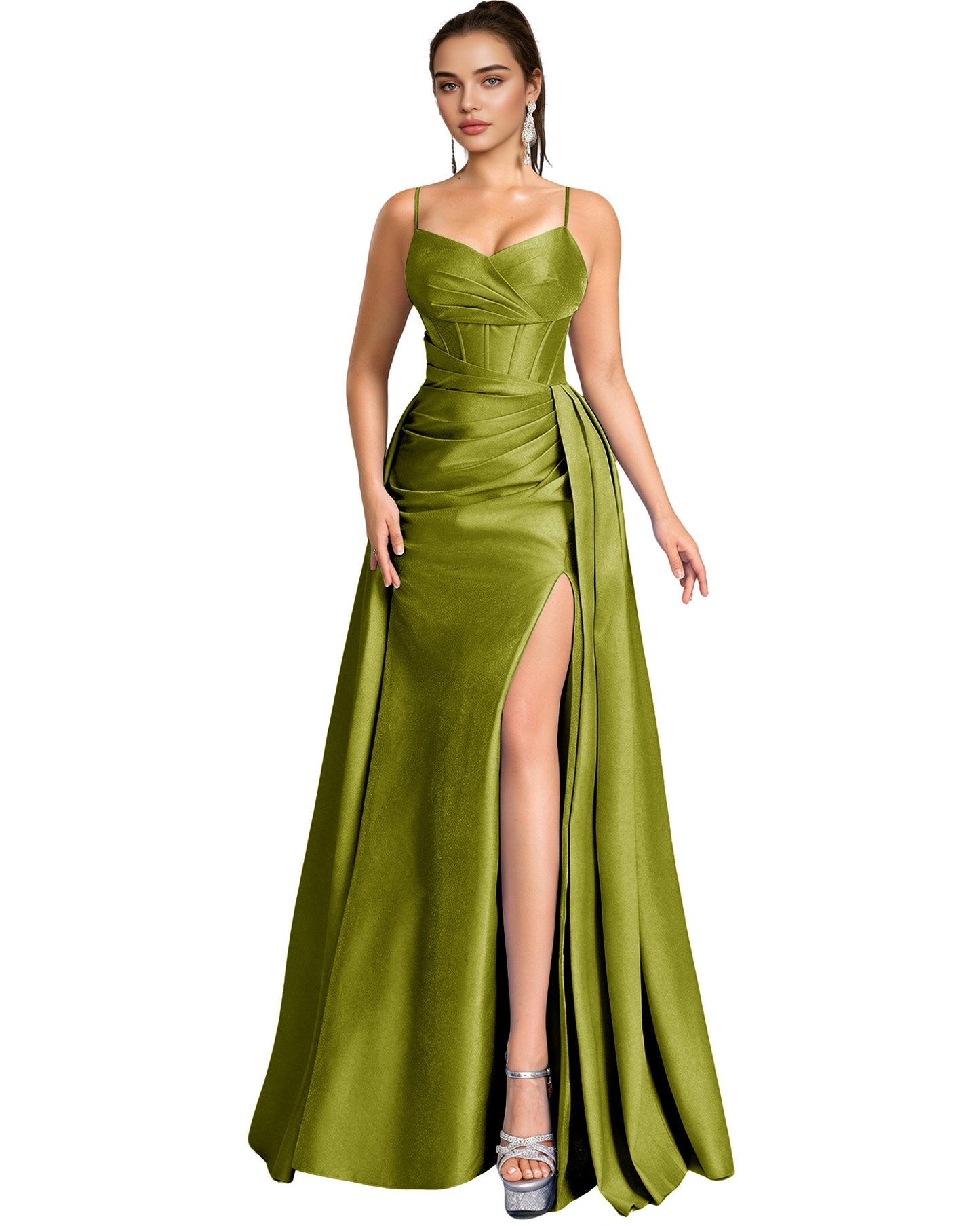 One Shoulder Satin A-Line Prom Dress with Wrap Bodice and Side Slit