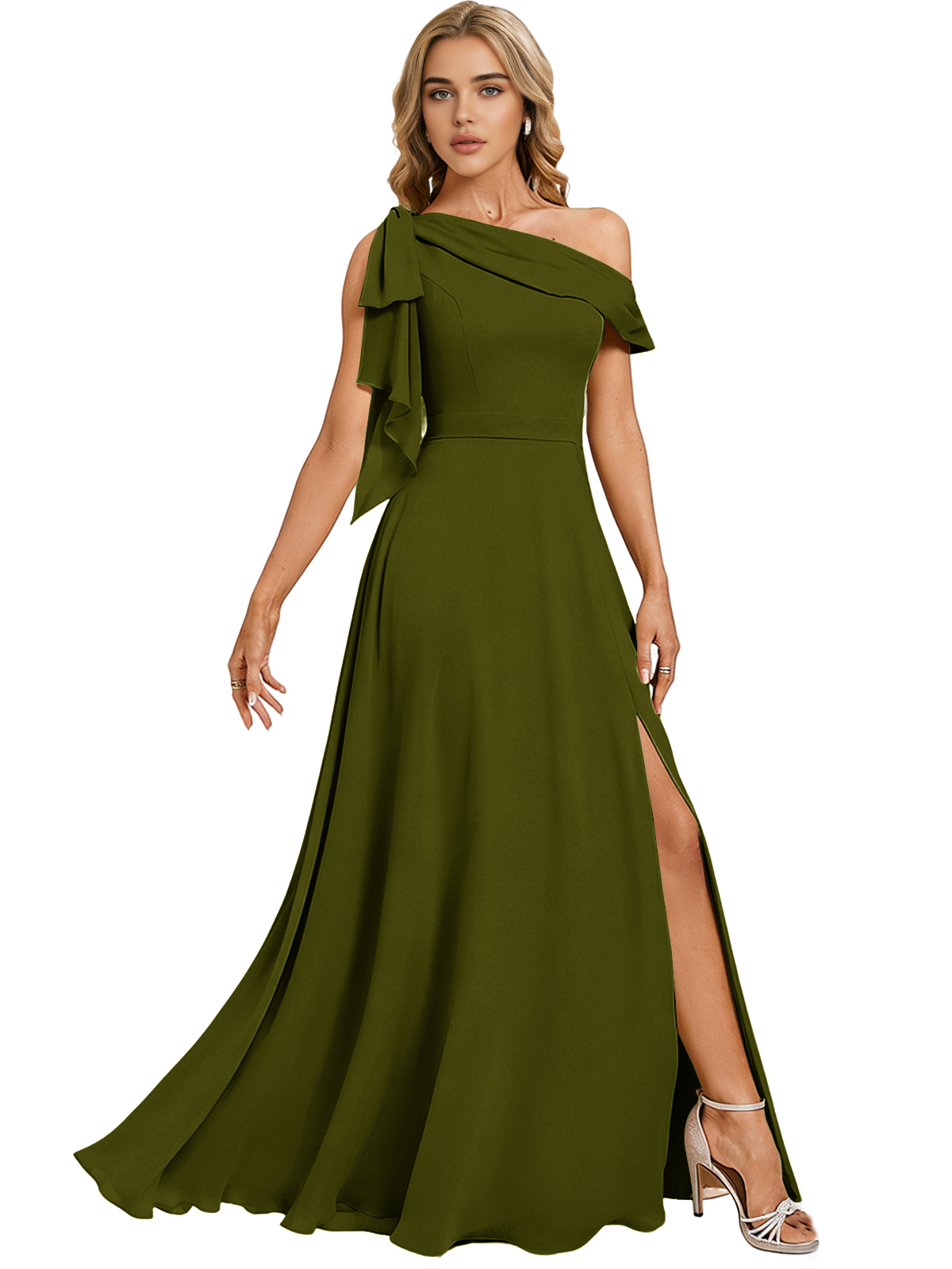 Asymmetric Off Shoulder Bridesmaid Dress with Draped Sleeve and Slit
