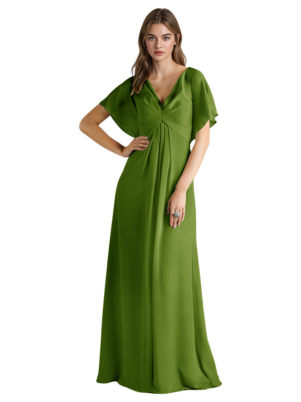 Short Sleeve V-Neck Chiffon Bridesmaid Dress with Gathered Waist