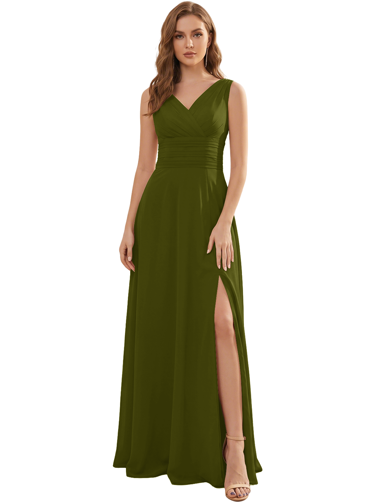 V-Neck Chiffon Bridesmaid Dress with Ruched Waist and Slit