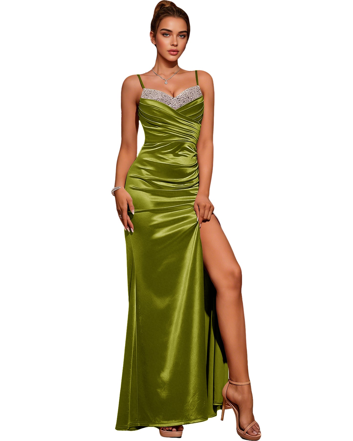Strapless Pleated Satin Column Prom Dress with Draped Bodice and Slit
