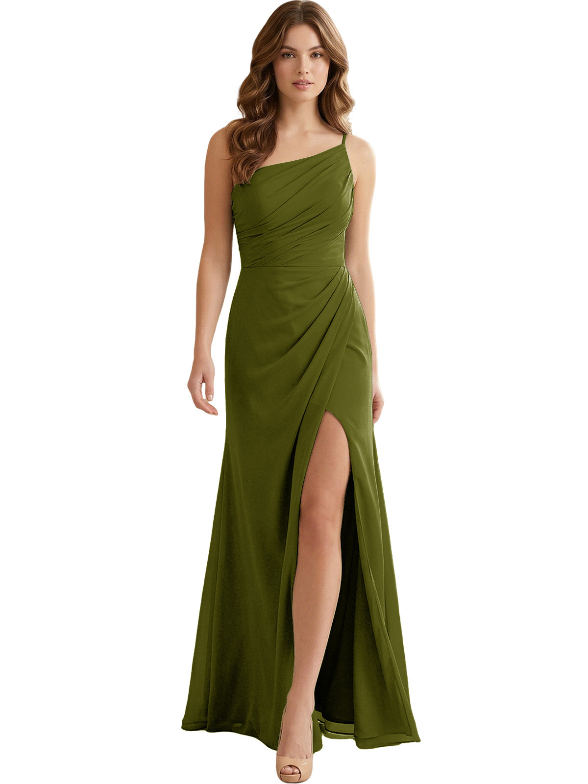 One Shoulder Ruched Chiffon Bridesmaid Dress with Front Slit