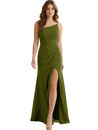 One Shoulder Ruched Chiffon Bridesmaid Dress with Front Slit
