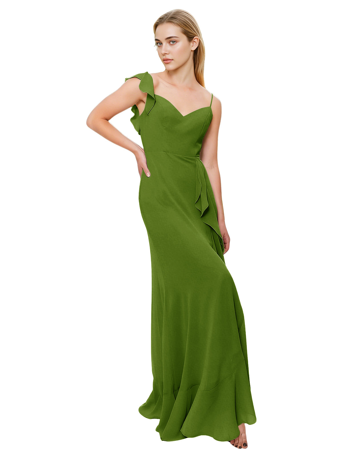 V-Neck Ruffle Strap Bridesmaid Dress with Cascading Chiffon Dress