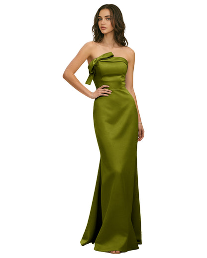 Strapless Satin Bridesmaid Dress with Draped Bodice and Side Slit