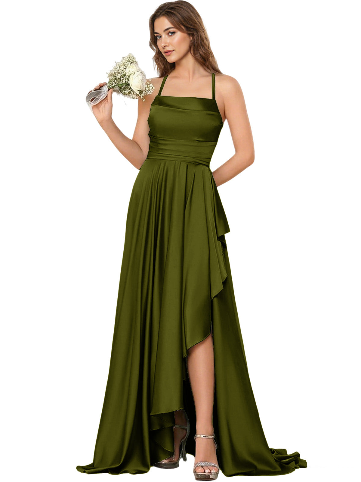 Open Back Halter Bridesmaid Dress with High Low Overlay dress