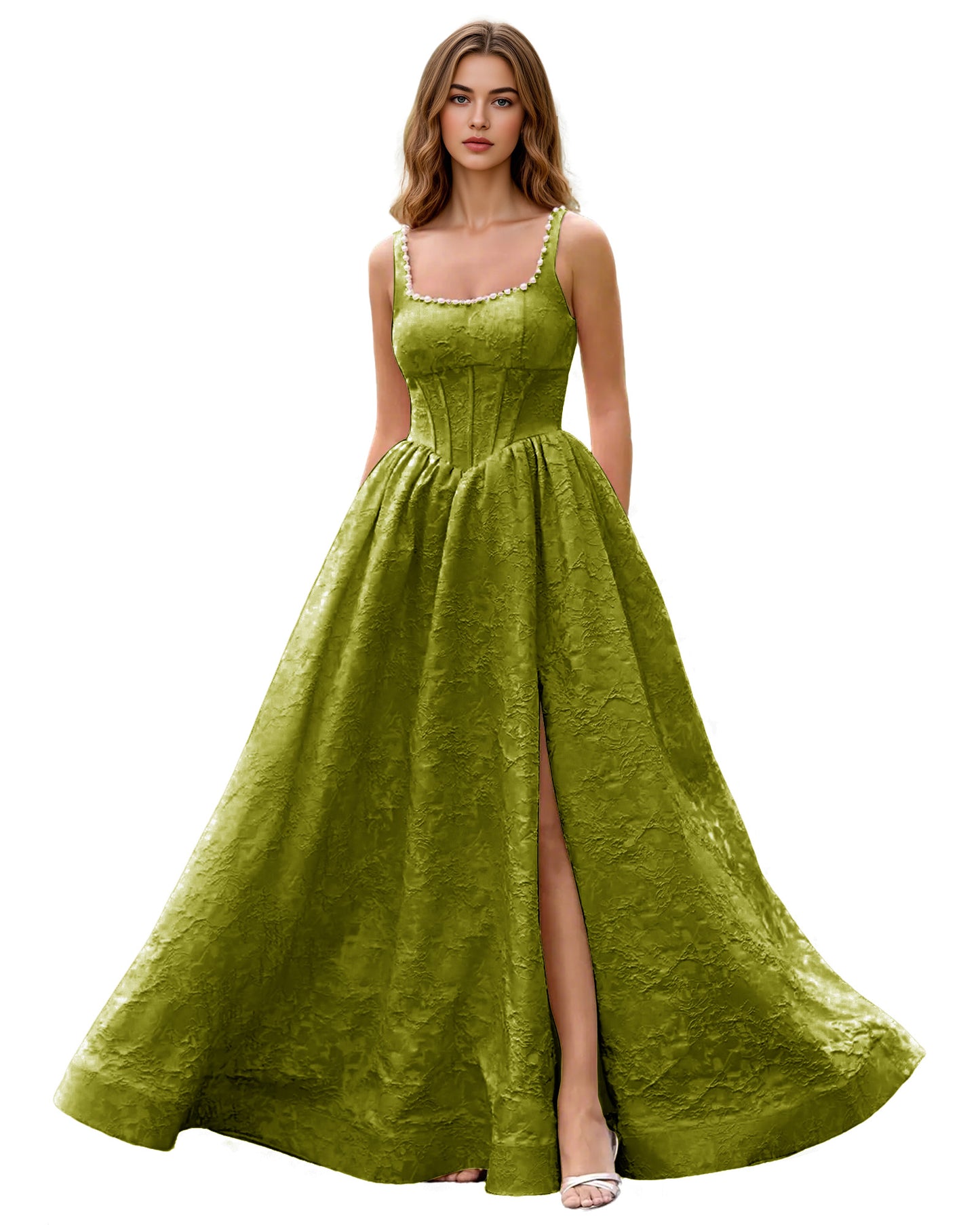 Square Neck Jacquard Ball Gown Prom Dress with Wide Straps and Pockets