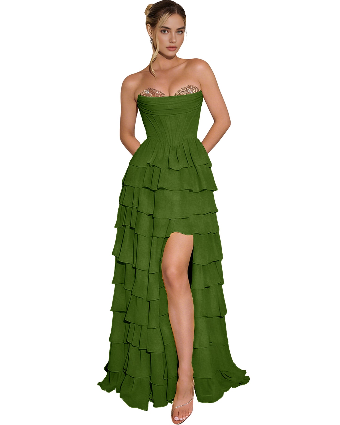 Strapless Layered Tulle Prom Dress with Corset Bodice and High Low Hem