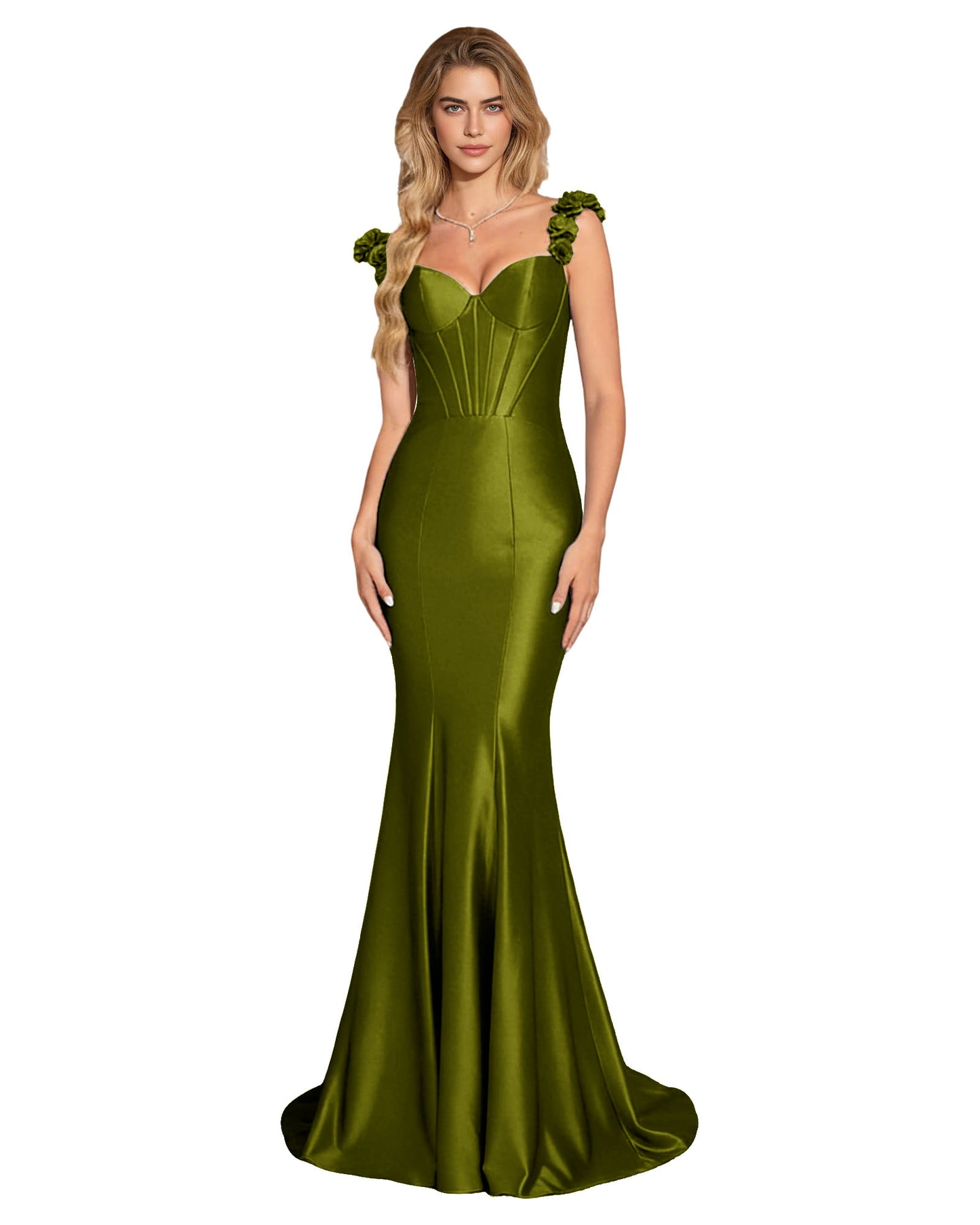 Floral Strap Satin Mermaid Prom Dress with Corset Bodice and Sweep Train