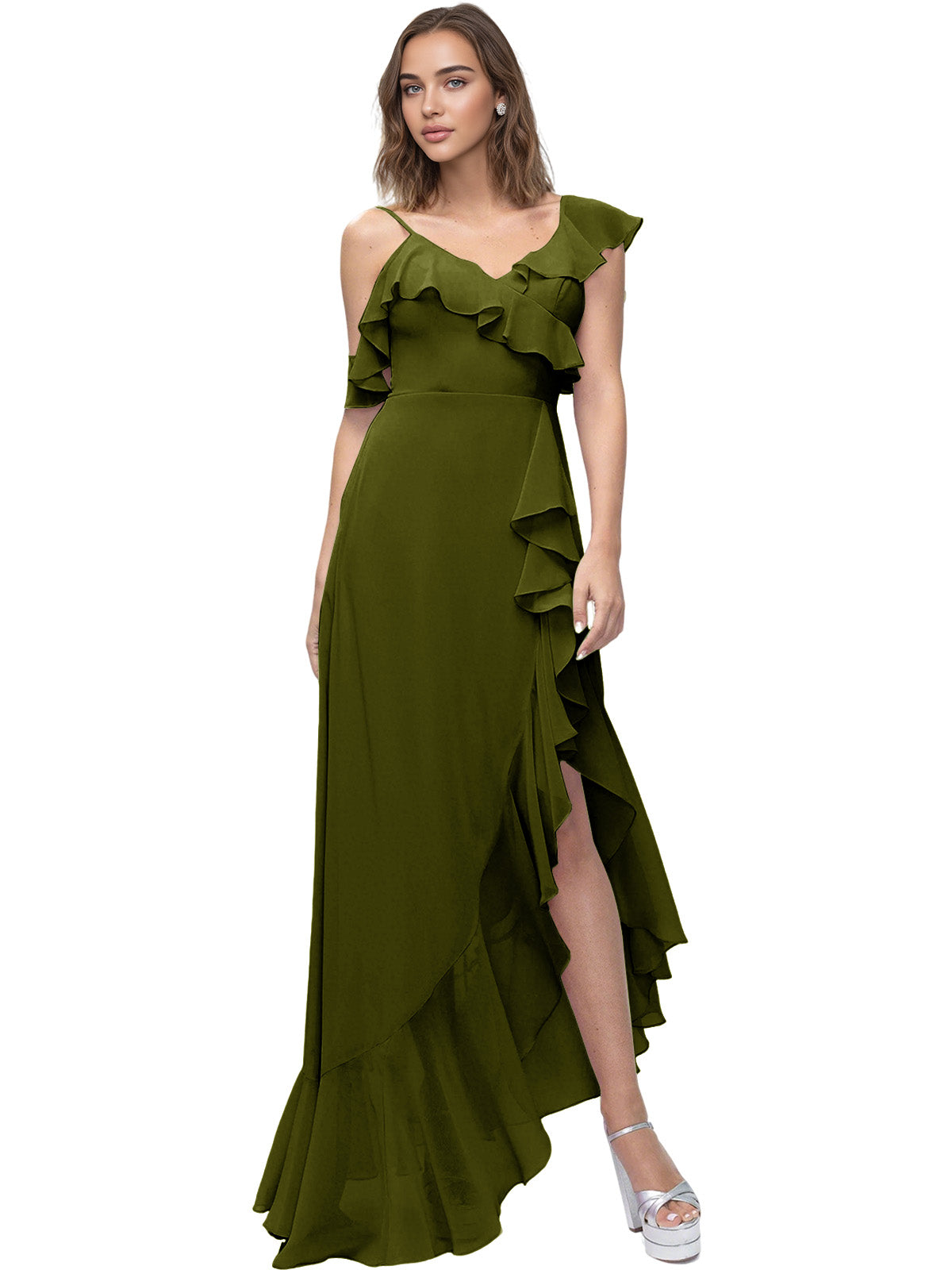Asymmetrical Ruffle Chiffon Bridesmaid Dress with High Low Slit