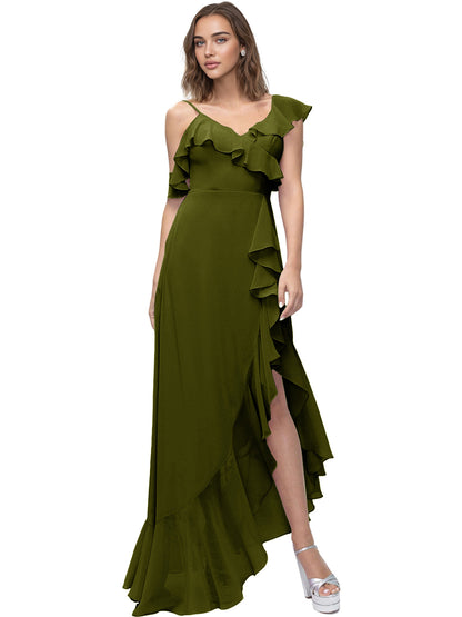 Asymmetrical Ruffle Chiffon Bridesmaid Dress with High Low Slit