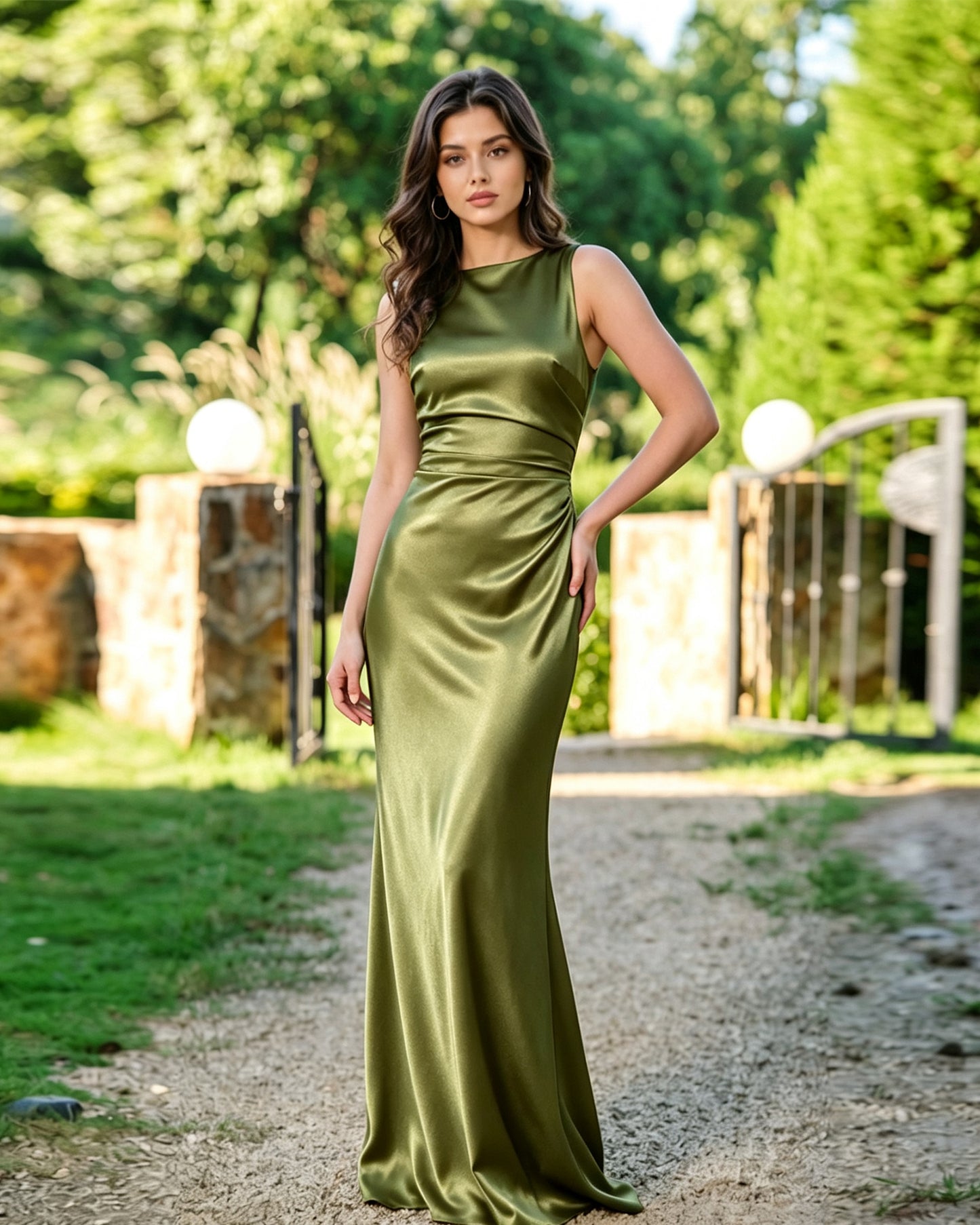 High Neck Satin Column Formal Dress with Sleek Draped Waist
