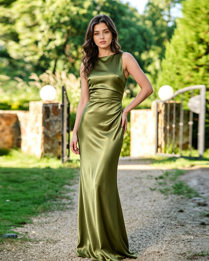 High Neck Satin Column Formal Dress with Sleek Draped Waist