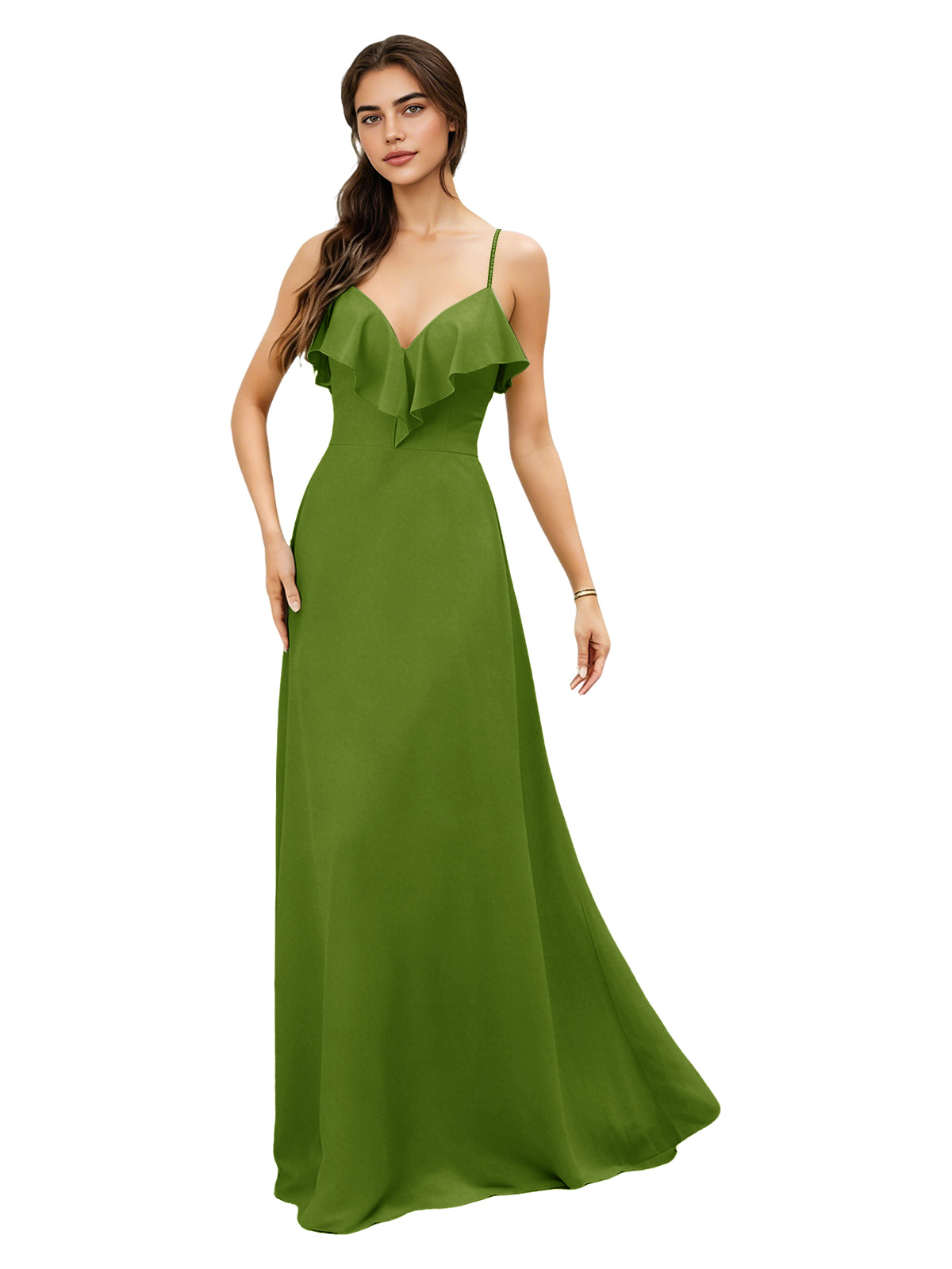 Ruffle V-Neck Chiffon Bridesmaid Dress with Spaghetti Straps