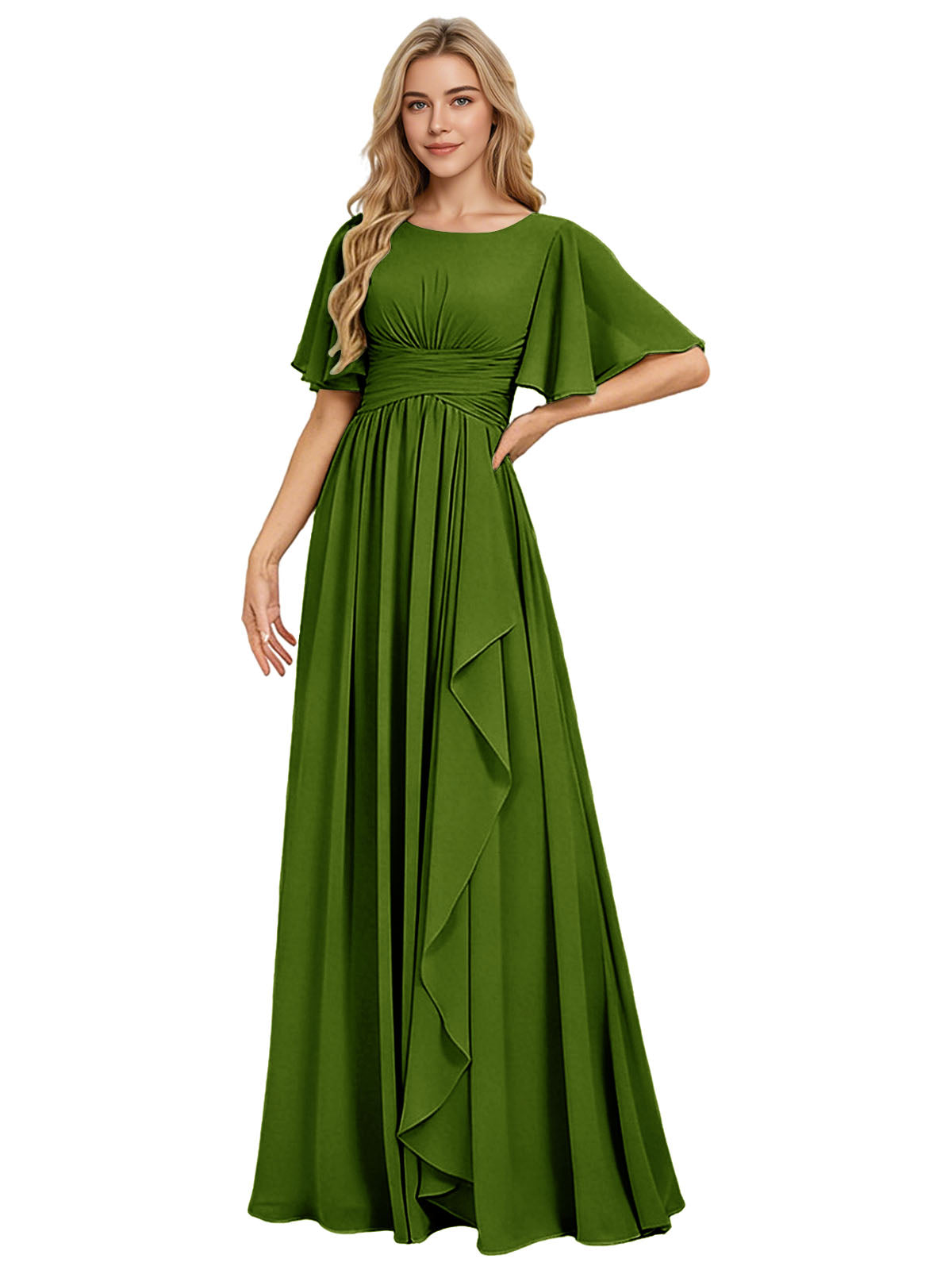 Flutter Sleeve Chiffon Bridesmaid Dress with Tiered Front Ruffle
