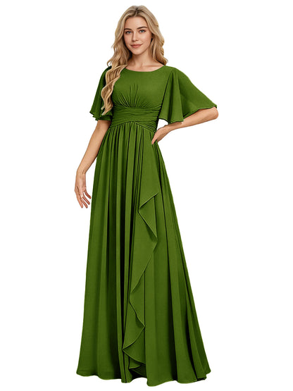 Flutter Sleeve Chiffon Bridesmaid Dress with Tiered Front Ruffle