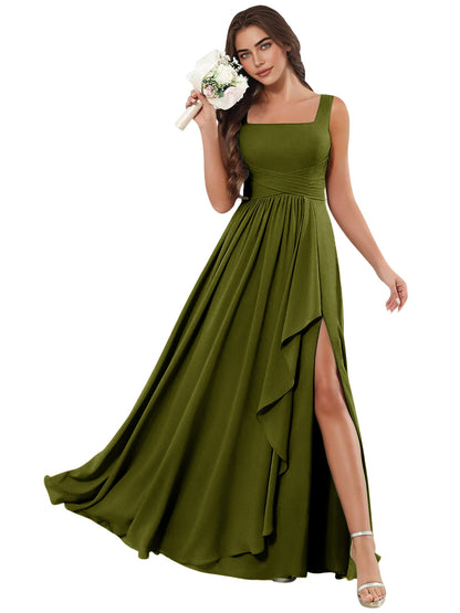 Square Neck Chiffon Bridesmaid Dress with Corset Back and Slit